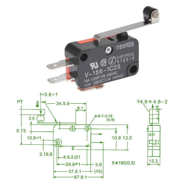 V-156-1C25 SPDT Limit Switch – Hinge Roller Lever, 15A – Voltaat