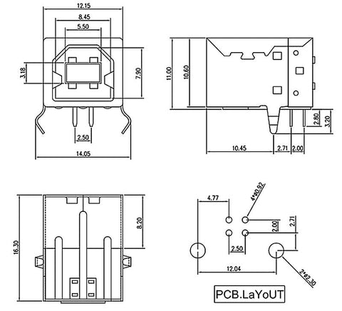 USB Type-B Female Connector – Through-Hole PCB Mount USB Type-B Female Connector – Through-Hole PCB Mount