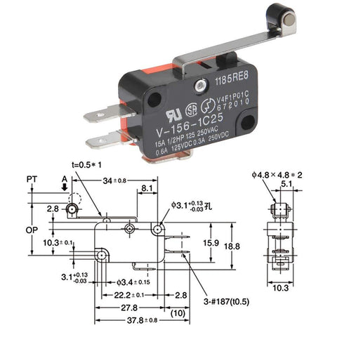 V-156-1C25 SPDT Limit Switch – Hinge Roller Lever, 15A V-156-1C25 SPDT Limit Switch – Hinge Roller Lever, 15A